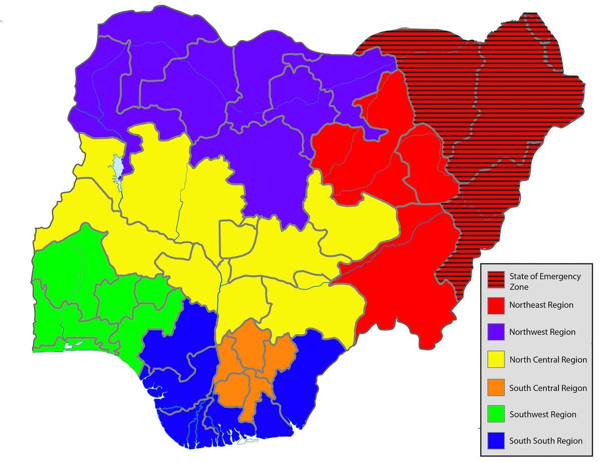 خريطة نيجيريا تظهر جميع الدول