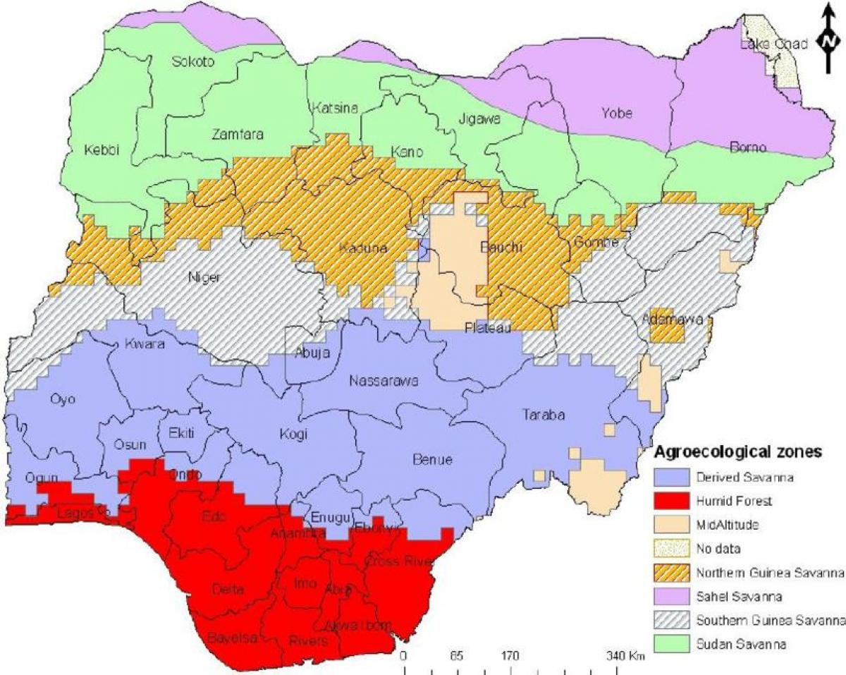 رسم خريطة نيجيريا تظهر مناطق الغطاء النباتي