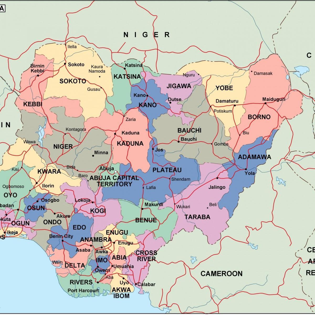 خريطة نيجيريا مع الدول و المدن